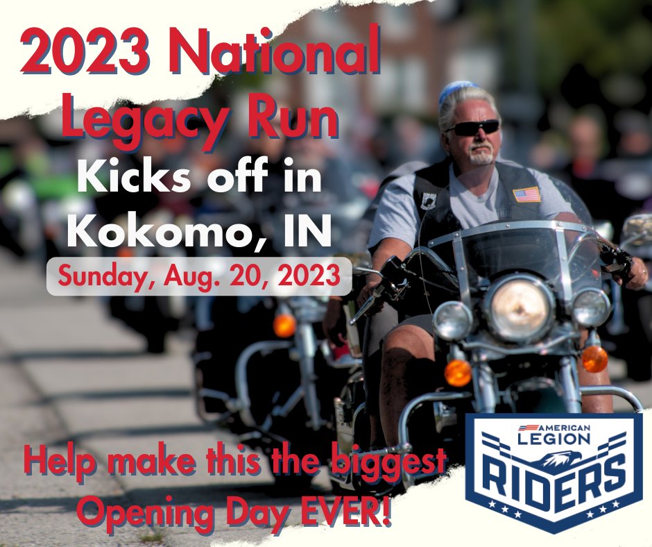 The 2023 National Legacy Run kicks off in Kokomo, IN at American Legion Post 6 on Sunday, August 20, 2023. 

Because this year's National Legacy Run starts in Indiana, Indiana Legion is looking to make this the Biggest Opening Day Ever.

legion.org/riders/258869/…