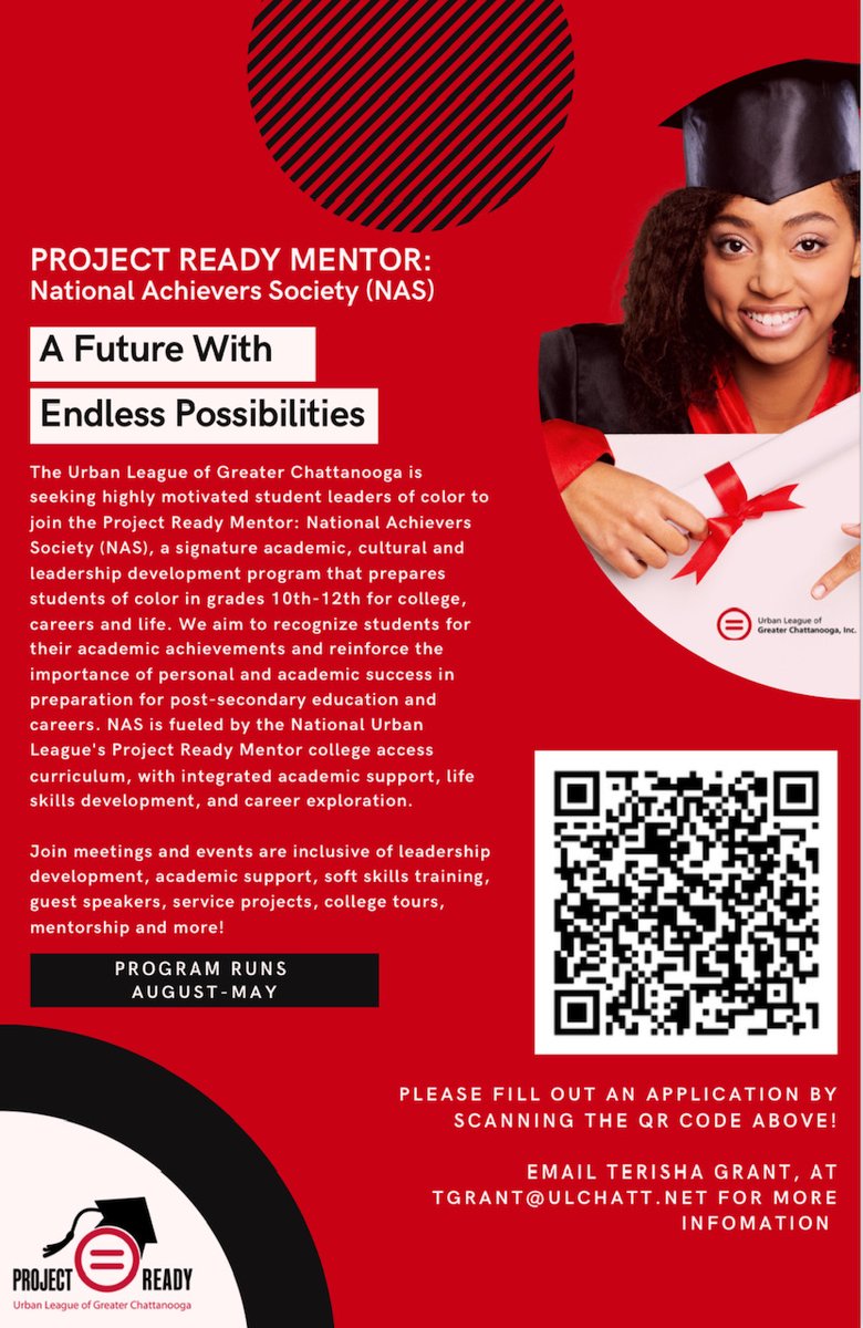 The Urban League of Greater Chattanooga is seeking highly motivated student leaders of color to join the Project Ready Mentor: National Achievers Society (NAS), a signature academic, cultural and leadership development program that prepares students of color in grades 10th-12th.