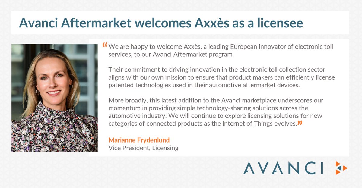 Welcome to Axxès, leading European innovator of electronic toll services, the latest licensee for Avanci Aftermarket. We offer an efficient way for manufacturers to access the patented cellular tech used in their aftermarket devices.
More: bit.ly/avanci-axxes
#eets #licensing