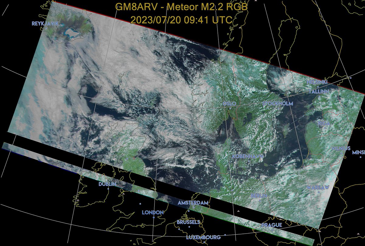 gm8arv's tweet photo. I actually got an image from Meteor-M N2-3 this pass 10:41 UK. QFH, #Uputronics pre-amp, @airspy_com HF+ Discovery, SDR# software, #WXtrack, Meteor plug-in. Thanks for all the help! https://t.co/TOsU44Be2j