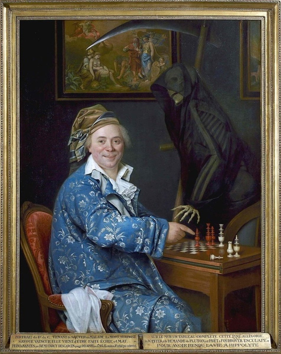 #InternationalChessDay #TheVictorianBookoftheDead
Portrait of Dr C. playing chess with Death, Remi-Fursy Descarsin, 1793
Museum of the French Revolution.