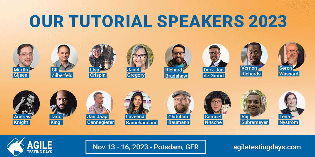 AgileTD's tweet photo. Every first conference day is #TutorialDay- and we are very lucky! 🦄 Here's our experienced and amazing speakers for the #AgileTD2023 in Potsdam! 

➡️ https://t.co/UmVHZ6hPWF

@tariq_king @lisacrispin @janetgregoryca @FriendlyTester @Laveena_18 @chrissbaumann https://t.co/uDKfELD5DD