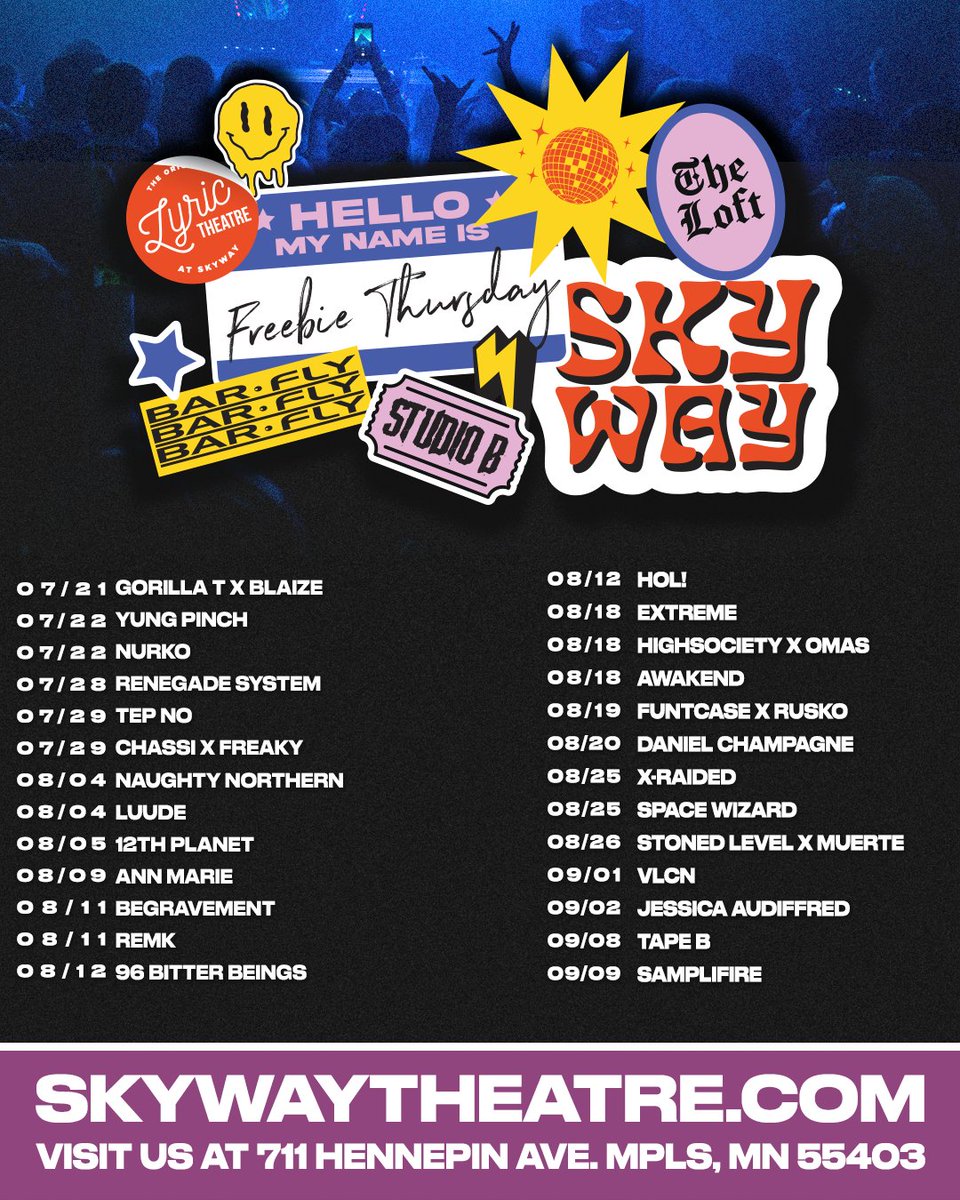 SkywayTheatre's tweet photo. 🎫 FREEBIE THURSDAY 🎫

Enter to win a pair of tickets to any of the shows listed above! All you have to do is.... 
1. LIKE this post! 
2. RT this post! 
3. COMMENT below with the show you want to attend + tag a friend!

Visit our other socials for more chances to enter! https://t.co/oD89Ilvn0s
