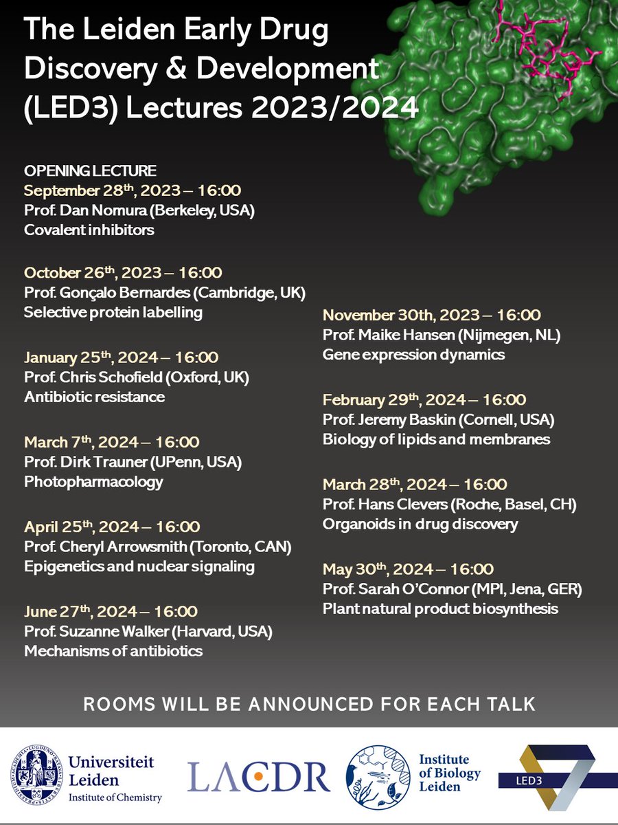 We are very much looking forward to the 2nd year of <a href="/LED3hub/">LED3 hub (inactive account)</a> Lectures in 2023/2024. An amazing lineup of speakers with <a href="/DanNomura/">Dan Nomura</a>, @gbernardes_chem, <a href="/MaikeMKHansen/">Maike Hansen</a>, <a href="/SchofieldOxford/">Schofield Group</a>, <a href="/basktastic/">Jeremy Baskin</a>, <a href="/DirkTrauner/">Dirk H. Trauner</a>, <a href="/HansClevers/">Hans Clevers</a>, <a href="/CherylArrowsmi1/">Cheryl Arrowsmith</a>, <a href="/OConnor_lab/">O'Connor Lab</a> and Suzanne Walker.