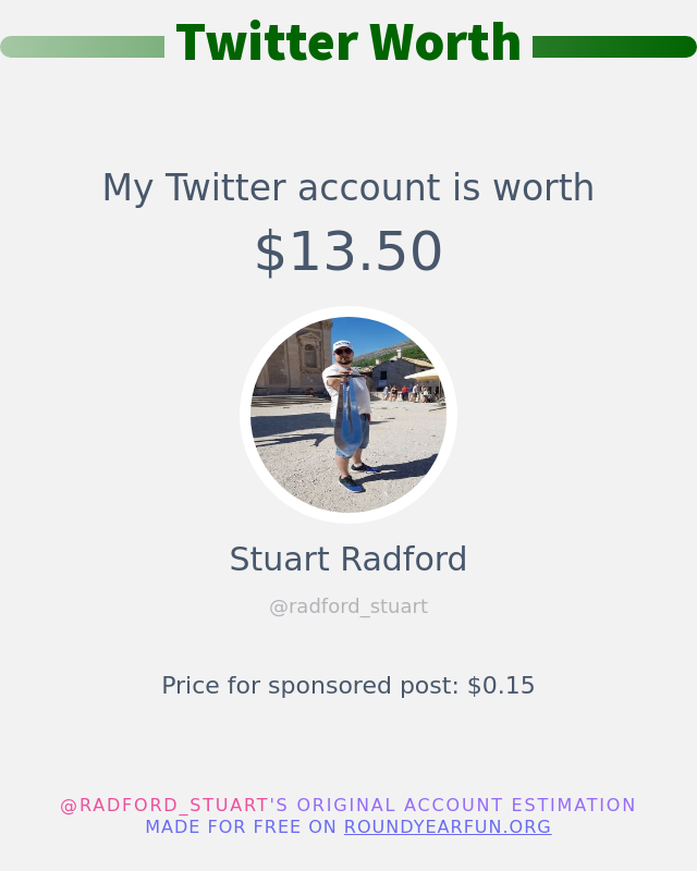 radford_stuart's tweet photo. My Twitter worth is: $13.50

➡️ https://t.co/PqoJluzcmF https://t.co/D7MLoyFZra