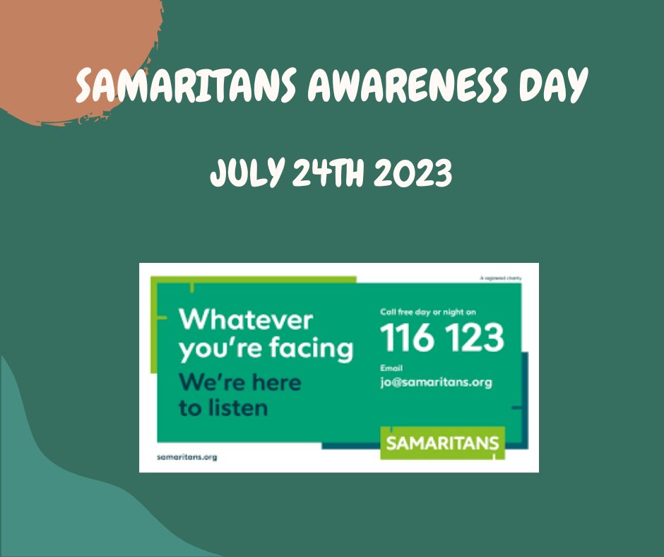 Staffs & Stoke NHS Talking Therapies (@mpftwellbeingsc) on Twitter photo July 24th is Samaritans Awareness Day.
The Samaritans offer different support, but their most well known service is the 24 hour helpline.
You are not alone, and there will always be someone out there ready to listen.
The 24 hour helpline is: 116 123
Email: jo@samaritans.org July 24th is Samaritans Awareness Day.
The Samaritans offer different support, but their most well known service is the 24 hour helpline.
You are not alone, and there will always be someone out there ready to listen.
The 24 hour helpline is: 116 123
Email: jo@samaritans.org