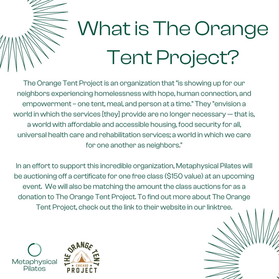 metaphyspilates's tweet photo. Metaphysical Pilates is proud to introduce you all to our friends, The Orange Tent Project ! Please consider joining their upcoming events where you will have the opportunity bid on a free pilates class ($150 value)!https://t.co/oV6CwV6sxg. https://t.co/RUqvetpzof