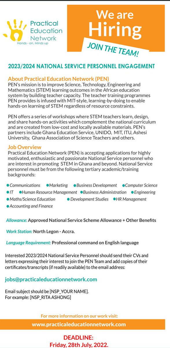 We are #hiring National Service (NSS) Personnel to join our team at <a href="/PEN_ed/">Practical Education Network</a> and promote #STEM #education in #Ghana. Please share the word!