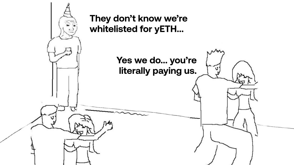 Welcome <a href="/coinbase/">Coinbase 🛡️</a> and <a href="/binance/">Binance</a> to the yETH Whitelist party.

The drinks are cold, the snacks are catered, and party bags come in the form of generous onchain brib... incentives.

There's still 24 hours to join the 8 other protocols on the yETH guest list. yeth.yearn.finance