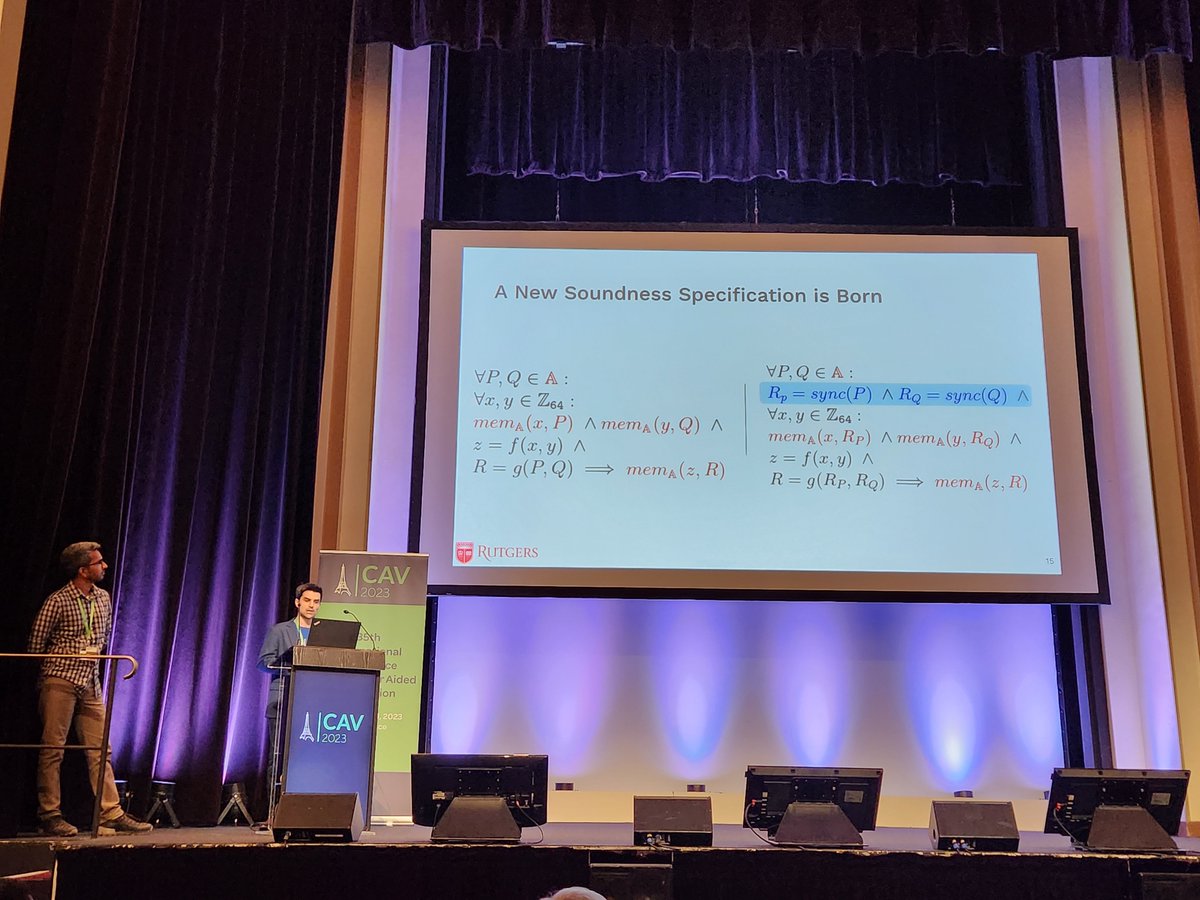 santoshgnag's tweet photo. Matan and Hari presenting the soundness specification of an abstract operator for the eBPF verifier at CAV 2023 #RutgersCS https://t.co/360J14J9Ls