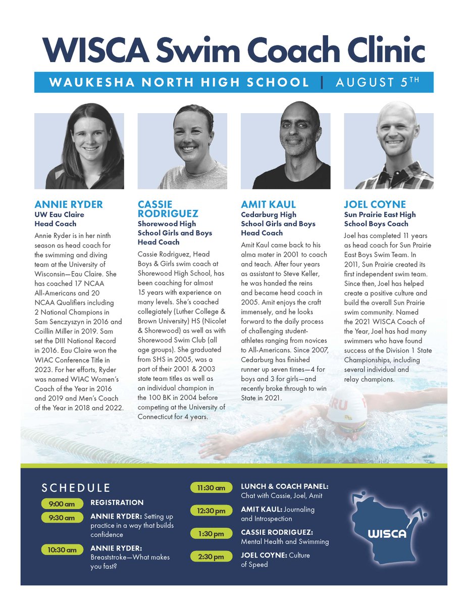 The Swim Coach Clinic will be on August 5th at Waukesha North.  Make sure that you sign up today.
wisca.net/coaching-clini…