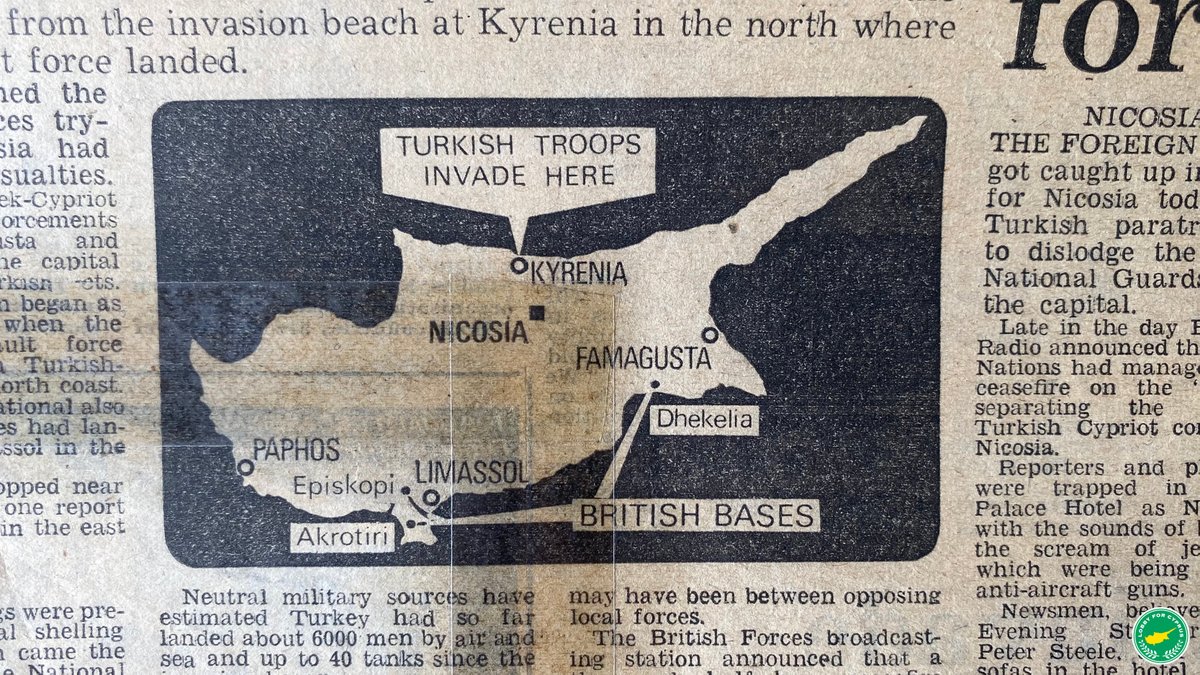 #OTD 20 July 1974 '#TURKEY invaded #Cyprus by sea and air… paratroops controlled the northern part of the capital Nicosia…tanks reported to be 16 miles from the city… #Kyrenia landings were preceded by heavy shelling and with invasion came the jets' #FreedomforCyprus #Δενξεχνώ