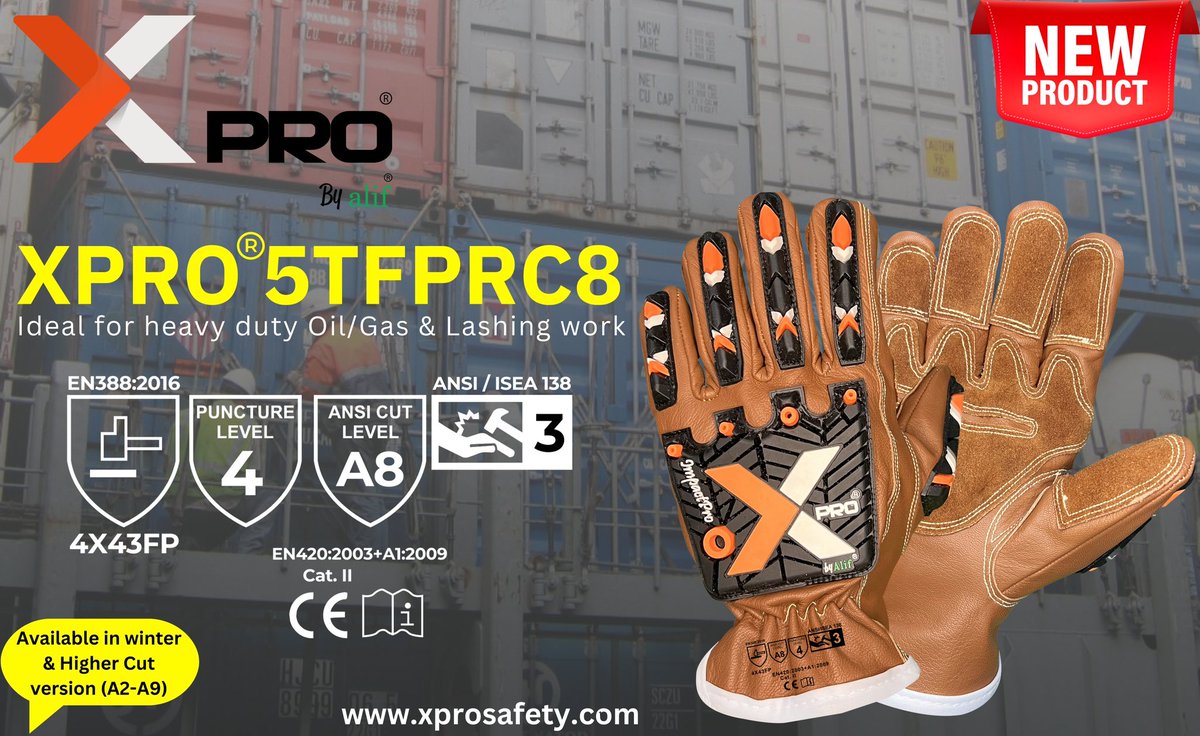 XPRO® 5TFPRC8 Gloves
Ideal for heavy duty Oil/Gas & Lashing Work.

#newgloves 
#xprogloves #xprosafety #5tfprc6 #oilandgas #oilfield #lashing #containerterminal #safety #seaport #welding #pipeline #impactprotection #constuction #oilfieldservices #protection #protectingpeople