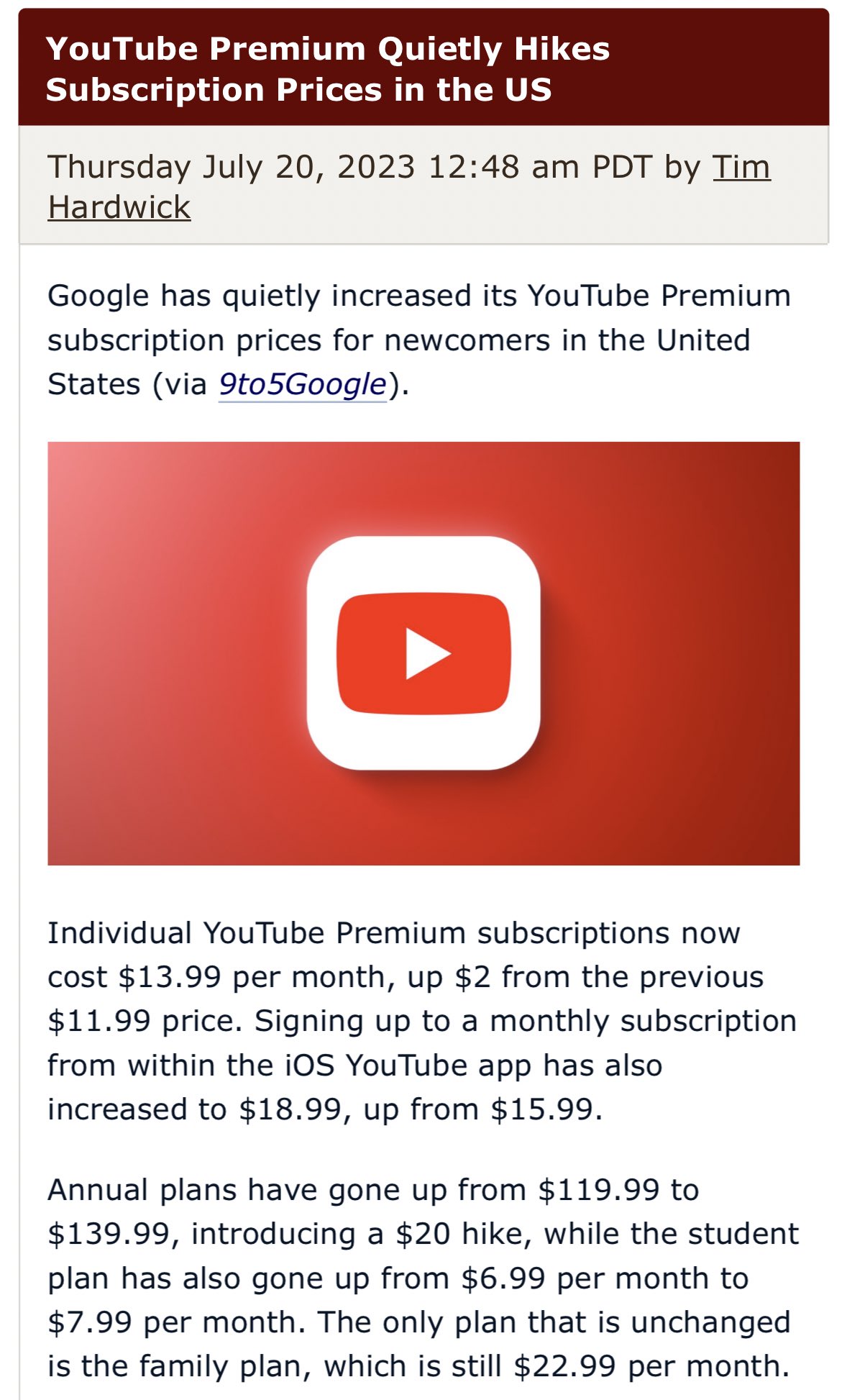 Premium quietly raises subscription prices