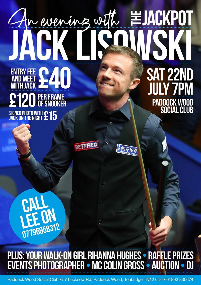Saturday night from 7pm
Last minute tickets call: 07796958312
Come and see the Jackpot 🎰 <a href="/JackLisowski/">Jack Lisowski</a> <a href="/Kent_Online/">KentOnline</a> <a href="/KentSnooker/">Kent Snooker</a> <a href="/VisitKent/">Visit Kent</a> <a href="/RealKenBruce/">Ken Bruce</a> <a href="/kentlivenews/">KentLive</a> <a href="/KMTV_Kent/">KMTV</a> <a href="/maidstoneunited/">Maidstone United</a> <a href="/Maidstoneinfo/">Visit Maidstone</a> <a href="/PaddockWoodFC/">Paddock Wood FC</a> <a href="/PaddockWoodLife/">Paddock Wood</a> <a href="/PaddockWoodian/">PaddockWoodian</a> <a href="/bbcsoutheast/">BBC South East</a>