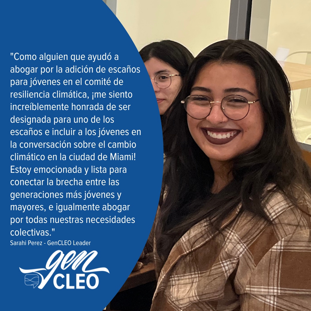 CLEOInstitute's tweet photo. 📢 EXCELENTE NOTICIA: La Comisión de @CityofMiami nombró a Sarahi Pérez como la primera representante de jóvenes en el Comité de Resiliencia Climática!
Como parte de #GenCLEO @MDCollege, ha sido parte integral de nuestros esfuerzos para avanzar acciones climáticas.💚🌎 https://t.co/gxSUQQpkkf