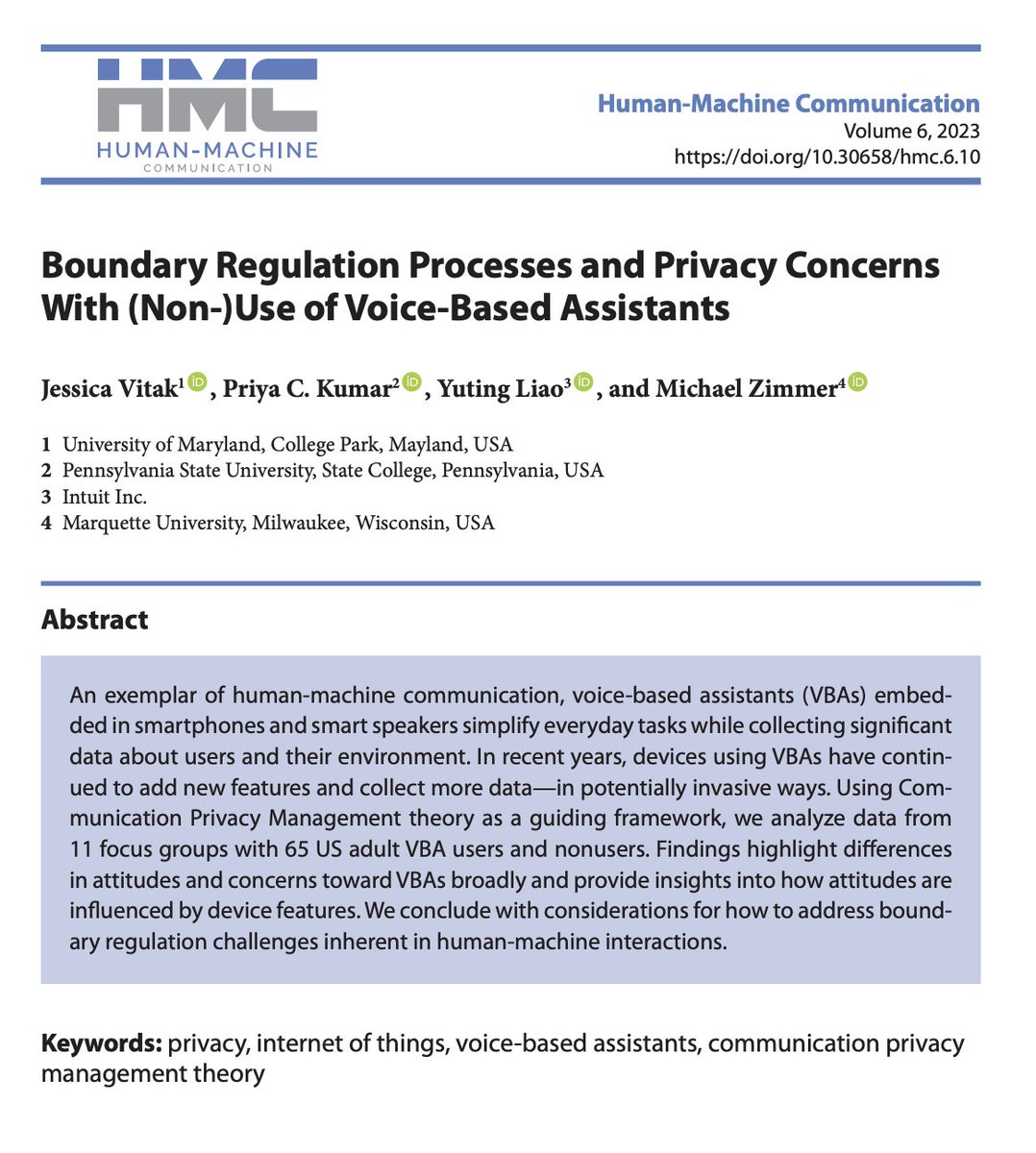 In the current volume, @jvitak, @DearPriya, Yuting Liao, and @michaelzimmer extend Communication Privacy Management Theory (CPM) to #hmc. This article is important for examining privacy issues with #VBAs. #HAI #HCI stars.library.ucf.edu/hmc/vol6/iss1/…