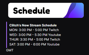 ItsMeClitch's tweet photo. Working in progress art for the new stream schedule, but here is the schedule for now. 😛😮‍💨🎨 #twitchstreamer #youtubestreamer #YoutubeLive #smallstreamer https://t.co/bm7rlJoMja