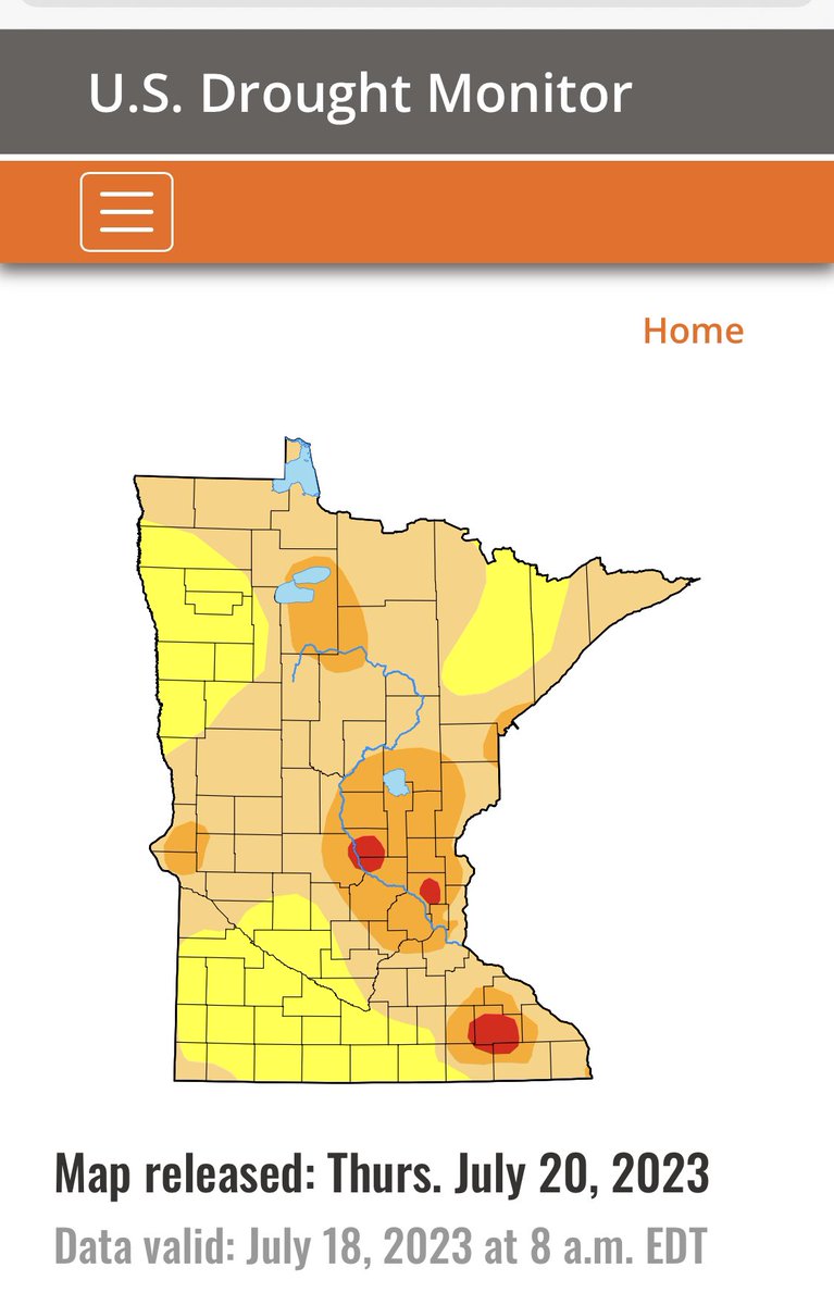 Ugh, Minnesota drought now enters D3 extreme drought for the first time in 2023, & D2 Severe drought continues to expand across MN. Keep our farmers in thoughts as temps will soar this next week. MN resources mda.state.mn.us/drought-resour…