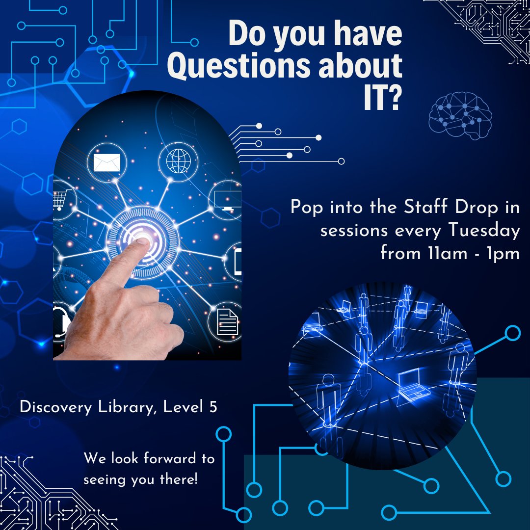 UHP_IMT's tweet image. A reminder that we will be in the Discovery Library on level 5 tomorrow for the weekly drop-in session between 11am - 13pm.
We will be happy to answer any questions or offer support as needed. Come & say hello 👋🏽
#supportingcolleagues #IThelp @UHP_NHS