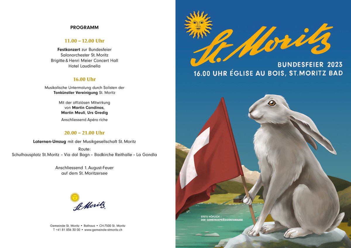 gde_stmoritz's tweet photo. BUNDESFEIER ST. MORITZ 
Am 1. August plant St. Moritz ein facettenreiches Programm unter der kreativen Leitung von Gemeindepräsident Christian Jott Jenny und mit der offiziösen Mitwirkung von Nationalratspräsident Martin Candinas, Prof. Martin Meuli und Moderator Urs Gredig. https://t.co/2Y3nDn3Ko2