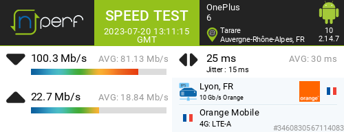 Ari33260's tweet image. ↓100273 kb/s ↑22702 kb/s, ⇄ 25 ms / mobile:Orange Mobile / #OnePlus6 / #nPerf v2.14.7 /