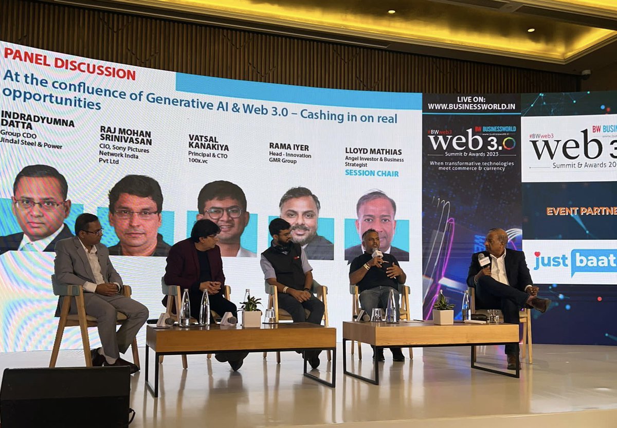 LloydMathias's tweet photo. Had an engaging discussion about the ‘Opportunities at the confluence of #GenAI & #Web3 at the #BWweb3 summit today! Ideas from an ace panel: Raj Mohan Srinivasan of Sony Pictures, Vatsal Kanakiya from https://t.co/dupkZMRINp, Indradyumna Datta of Jindal Steel & Rama Iyer of GMR. https://t.co/EWJwOAtNJ7