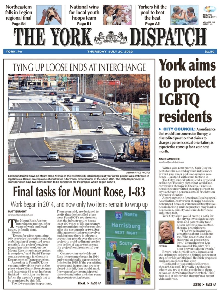 wjmckelvey's tweet photo. Pick up today's @YorkDispatch for great reporting from @Matthew_Enright on the long-gestating I-83 Mount Rose interchange, @aimee_TYD on York City's proposed conversion therapy ban and so much more.

Online here: https://t.co/5yQOS3xrhS

And here: https://t.co/CYAH0gp2eE https://t.co/01GwrLopDC