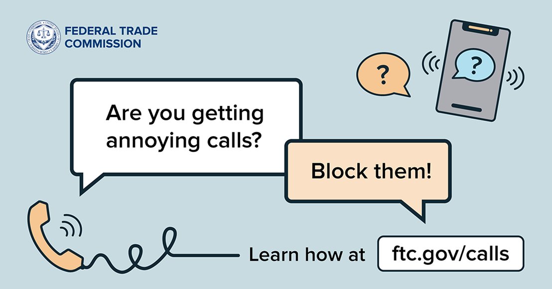 FTC's tweet image. Are you getting annoying calls? Block them! Learn how: bit.ly/46QfZHA #StopScamCalls #robocalls