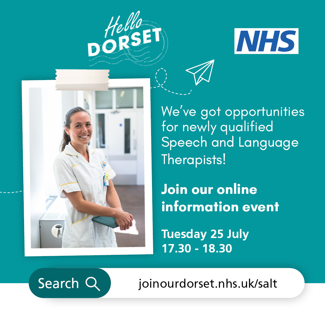 JoinOurDorset's tweet image. Are you a newly qualified Speech and Language Therapist?

We have a range of job opportunities available across Dorset. Learn more at our free online event on 25 July at 5.30pm! 🔽 

Sign up &amp;amp; learn more by visiting joinourdorset.nhs.uk/salt

#sltjobs #nhscareers #dorsetjobs