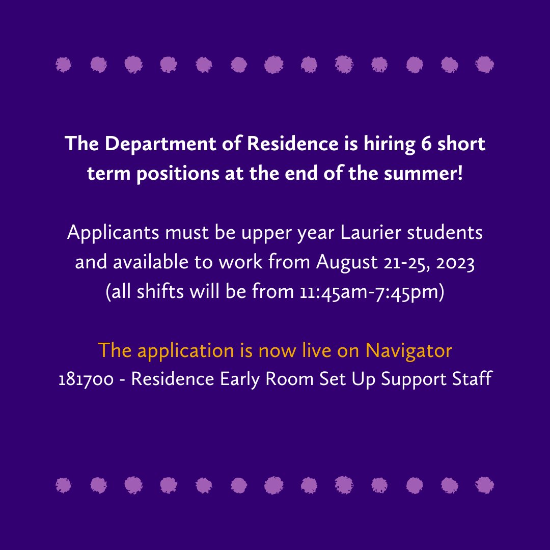 We hiring 6⃣ students to help us out with our Early Room Set Up Program at the end of the summer ☀️  The application can be accessed through Navigator (navigator.wlu.ca/home/staff-fac…) by searching 181700 - Residence Early Room Set Up Support Staff @LaurierCareers <a href="/students_union/">WLU Students' Union</a>