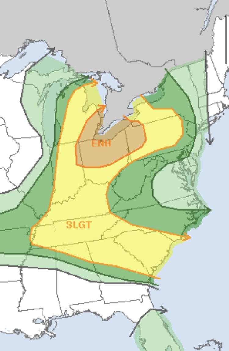 MICHIGAN D1- a system will move over Michigan today in the evening hours. Storms will fire in western Michigan and get more severe as they push east. Main threat area is south eastern michigan. All threats are possible! Be very weather aware today folks! It could get ugly! https://t.co/mXGiz4Cdgu