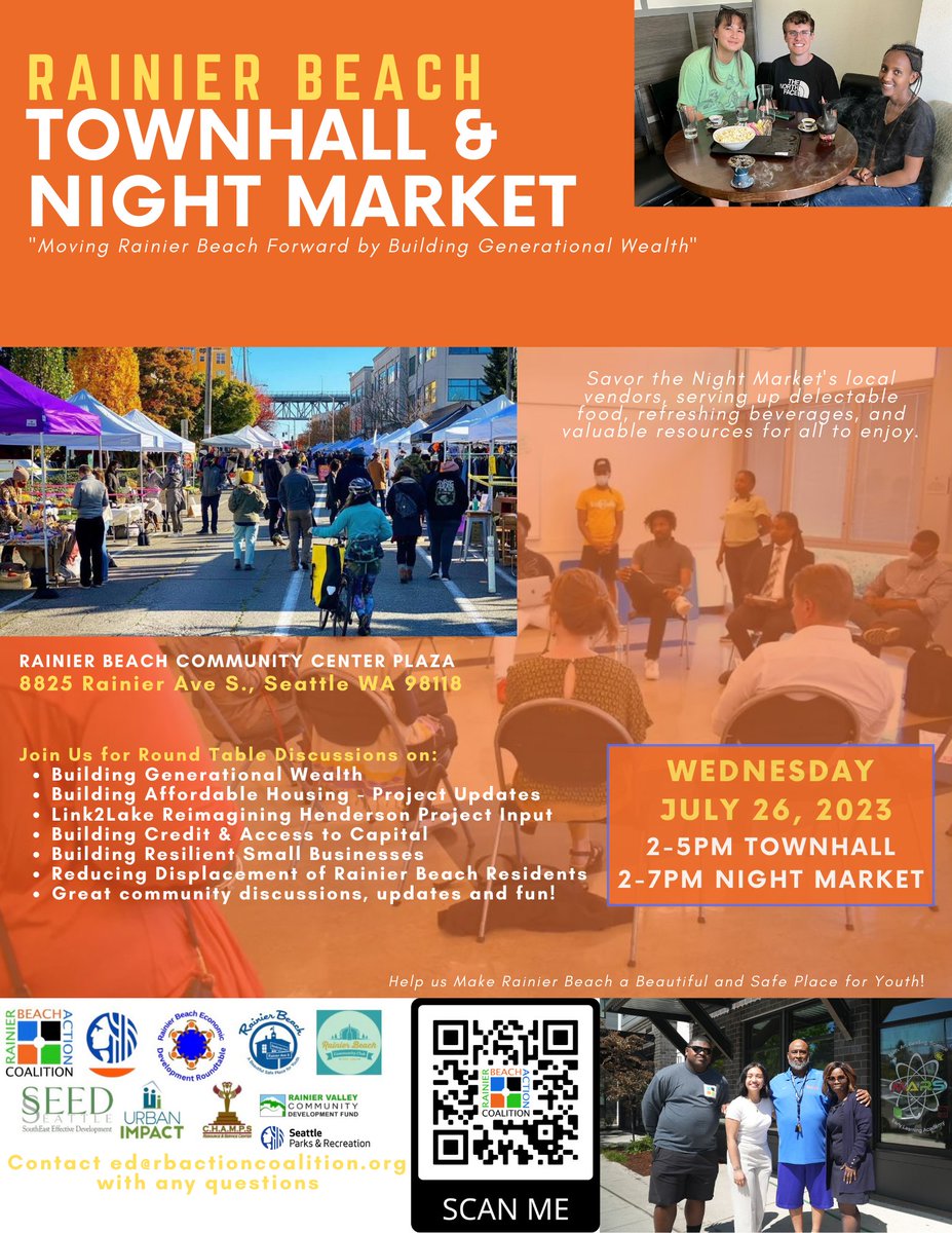 Town Hall - Night Market event, where your voice matters and positive change begins.

🗓️Wednesday, July 26th
⏰Town Hall 2pm-7pm/Night Market 2pm-7pm
📍Rainier Beach Community Center Plaza

See you there!
#RBAC #Seattle #SouthSeattle #SESeattle #RainierBeach #CommunityBuilding