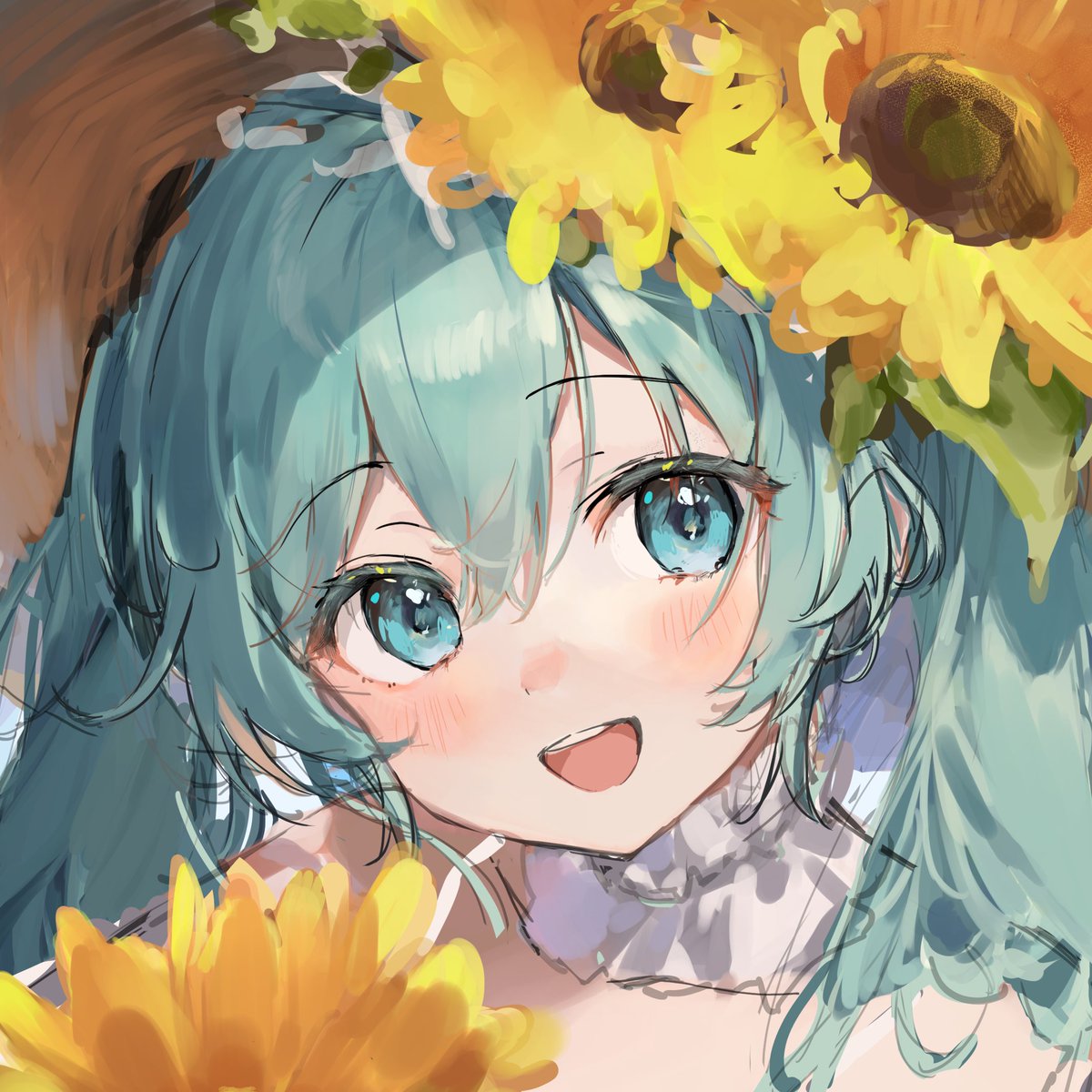 hatsune miku 1girl solo flower sunflower smile long hair open mouth  illustration images