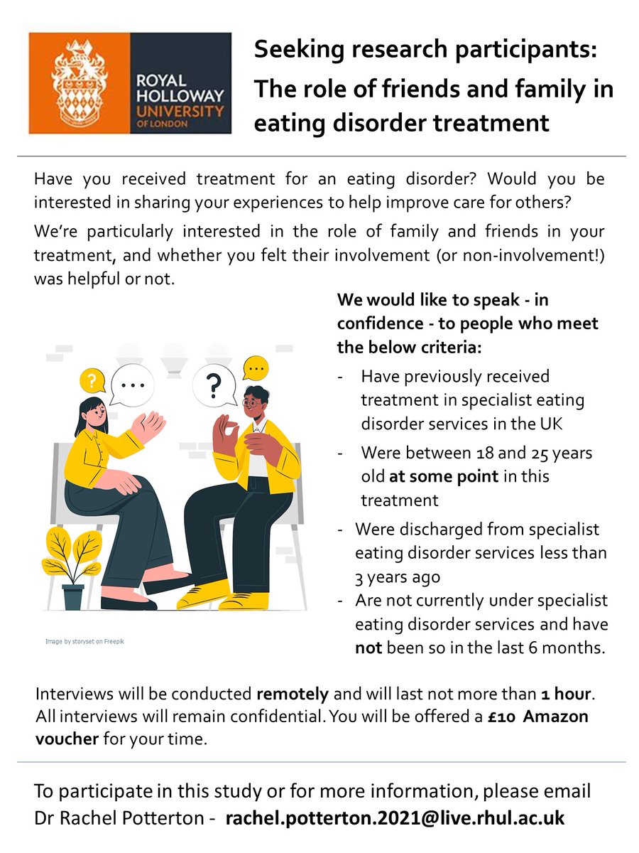 Rachel Potterton (@rachpotterton) on Twitter photo 📢Call for participants📢 (Please retweet 😊)
Have you received treatment for an eating disorder?
If so, please consider sharing your experiences of the role of family and friends in your treatment for my #dclinpsy study <a href="/RHUL_Dclinpsy/">RHUL DClinPsy</a>
See full details in the image below... 📢Call for participants📢 (Please retweet 😊)
Have you received treatment for an eating disorder?
If so, please consider sharing your experiences of the role of family and friends in your treatment for my #dclinpsy study <a href="/RHUL_Dclinpsy/">RHUL DClinPsy</a>
See full details in the image below...