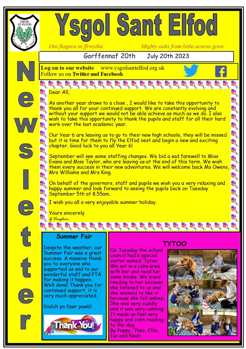 YsgolSantElfod's tweet image. Here is our last Newsletter of the academic year. It has been a very busy and productive time. We wish you all a very happy summer holiday. Dymunwn wyliau haf hapus iawn i chi.