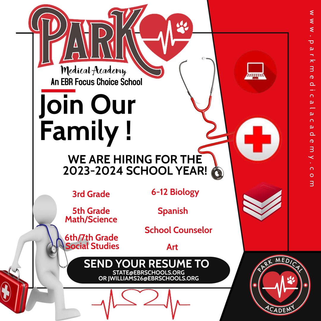 Our Park Medical Academy family is growing again! We are hiring certified teachers and an exceptional school counselor. Please call 225-344-2145 or email your resume to jwilliams26@ebrschools.org.
