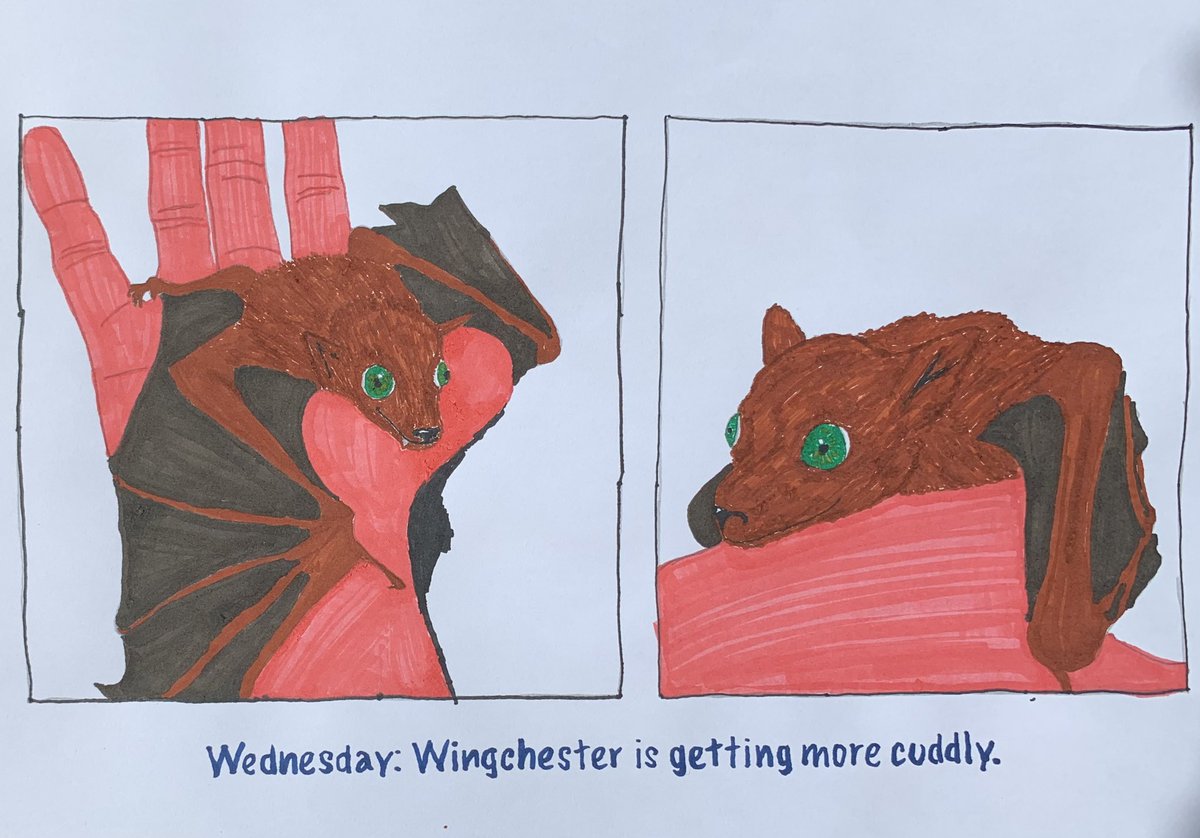 hectatess's tweet photo. I was talking with some of my SPNFamily moots a bit ago, and we somehow got to talk about @MalMuses ‘ s Love Bites fic. It inspired me to draw this.

I imagined Cas writing a little journal about Wingchester… and adding pictures of Dean crawling all over his hand… https://t.co/zPxWMglv55