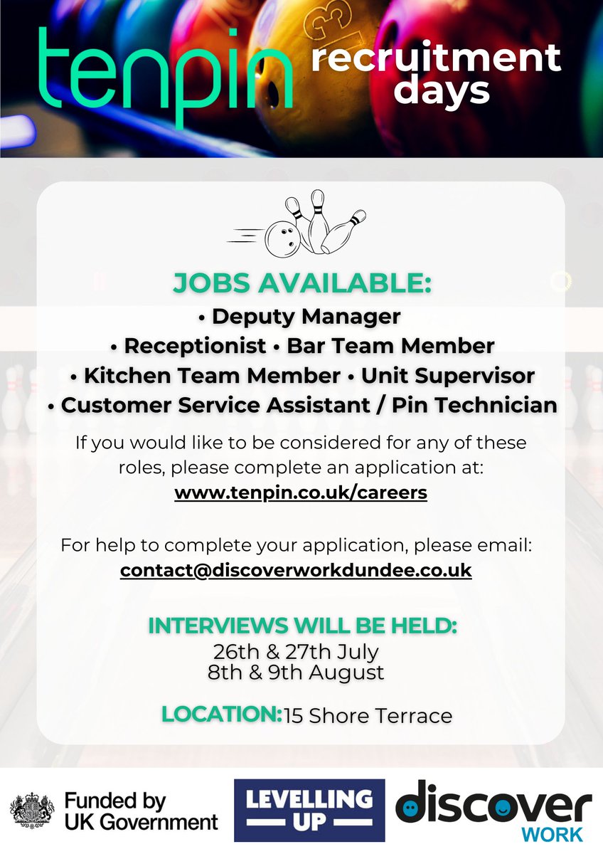 Tenpin will be opening in the Kingsway West Retail Park on 25th August 2023. There are multiple different vacancies to apply for at: tenpin.co.uk/careers or on Indeed. If you would like support during these applications please get in touch at: contact@discoverworkdundee.co.uk