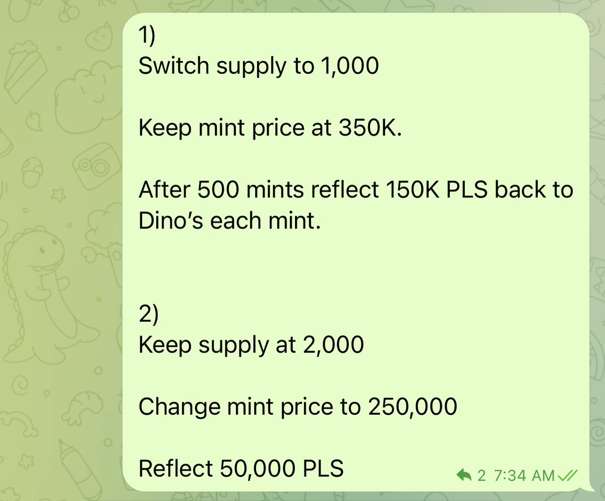 PulseDinos's tweet photo. We are making updates to Pulse Dinos! 

Vote in our telegram! Let’s get the Dino party started. 

🦖 Holder + Minter Royalties
🏪 Functional Marketplace 
🎰 Royalty generating lottery games 
🔥 Burning mechanics after sold out

New lottery games soon. 

#PulseChain https://t.co/IbaCwHrAfJ