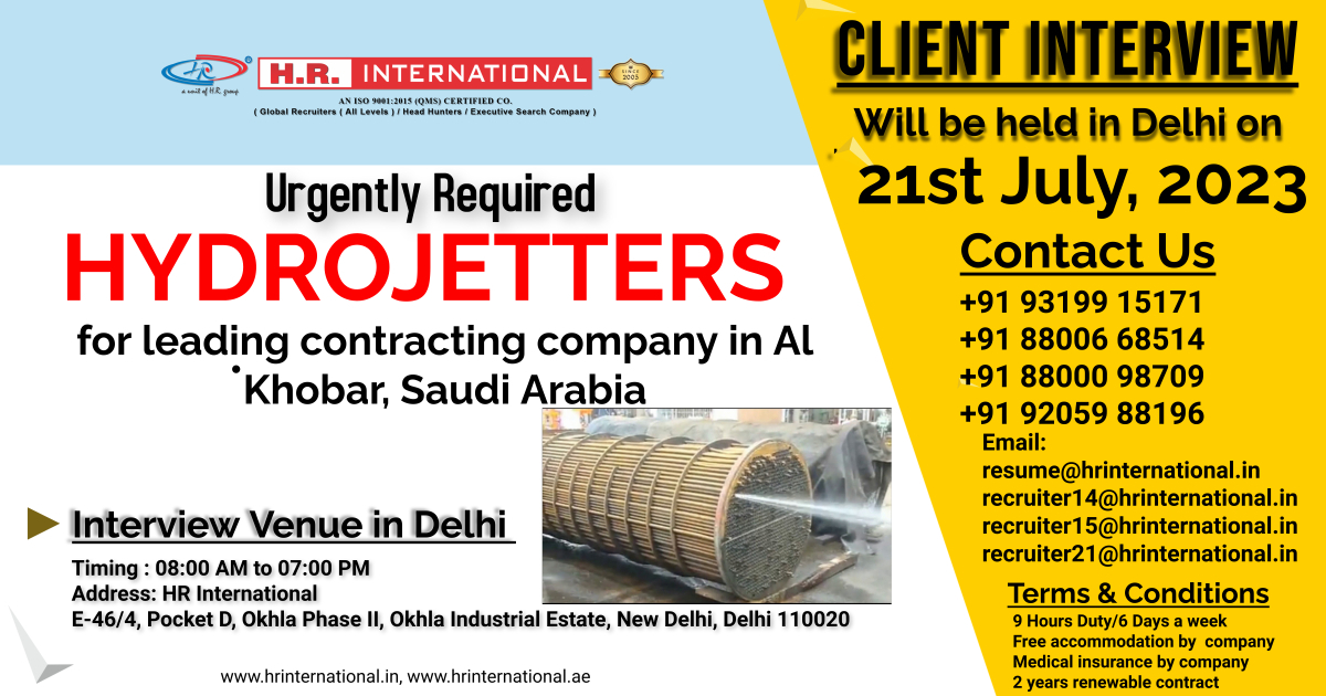 hrinewdelhi's tweet image. Are you looking for a job as HYDROJETTER?

we have urgent requirement for a leading contracting company in Saudi Arabia. If you seem to be fit for this role connect with us.
Call: +91 9319915171,+91 8800668514
+91 8800098709
#jobsindubai #hrinternationaljobs #hydrojetter @hriuae