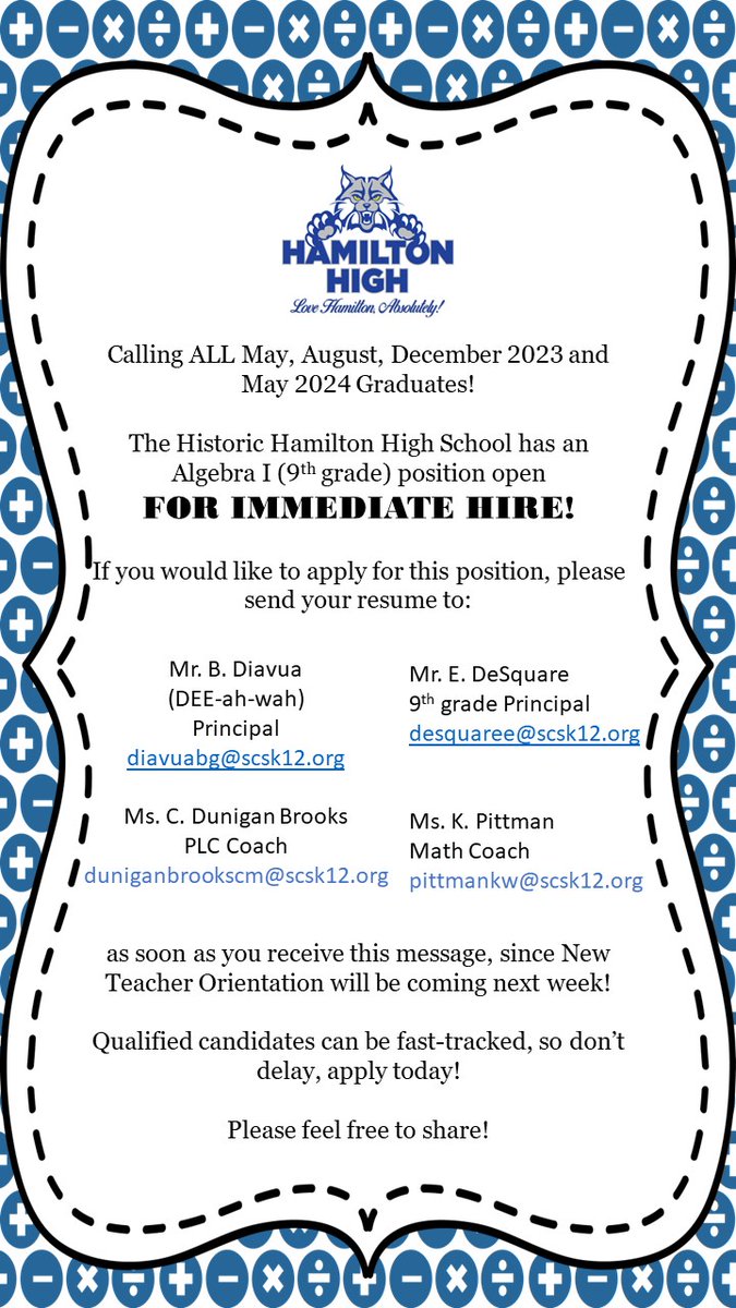 University of Memphis Teacher Education (@uofmteachered) on Twitter photo Hamilton High is looking to fill a 9th grade Algebra I position!
If interested, send your resume to Ms. Pittman at pittmankw@scsk12.org! Hamilton High is looking to fill a 9th grade Algebra I position!
If interested, send your resume to Ms. Pittman at pittmankw@scsk12.org!