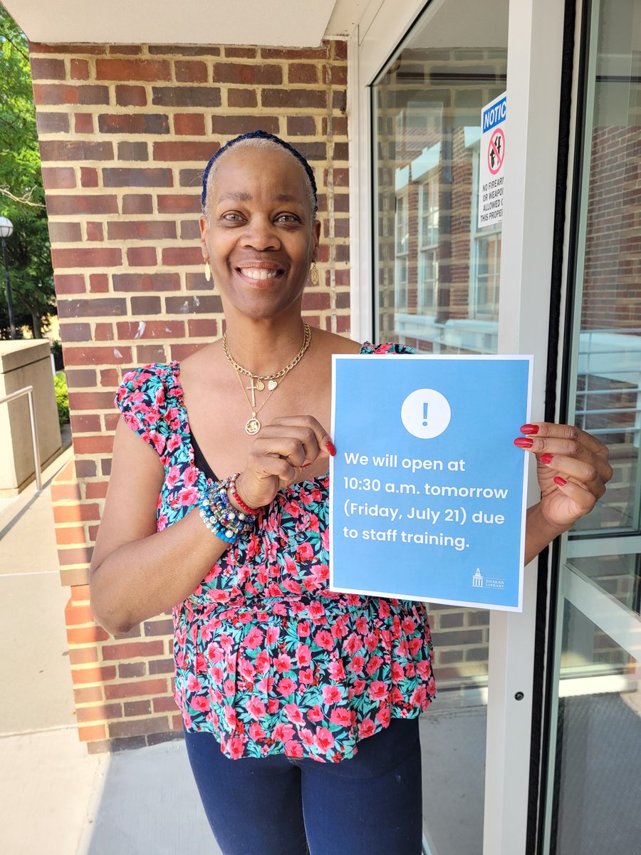 ShakerLibrary's tweet image. Good morning, Shaker Heights! ⛅

Just a head&apos;s up that we have a DELAYED OPENING tomorrow (Friday, July 21) due to staff training.

We open at 10:30 a.m. tomorrow — see you then!