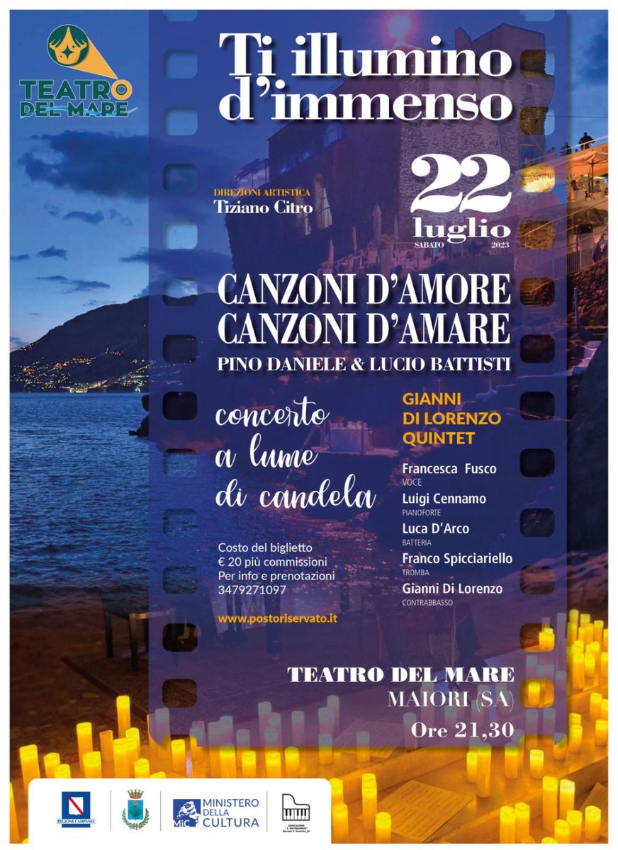 Un suggestivo tributo a due grandi della musica italiana, rischiarato unicamente dalla luce di migliaia di candele, è il prossimo appuntamento musicale della rassegna Maiori Welkhome.

Sabato 22 luglio 2023 alle ore 21.00 #arte #concertoalumedicandela

gazzettadisalerno.it/omaggio-a-pino…
