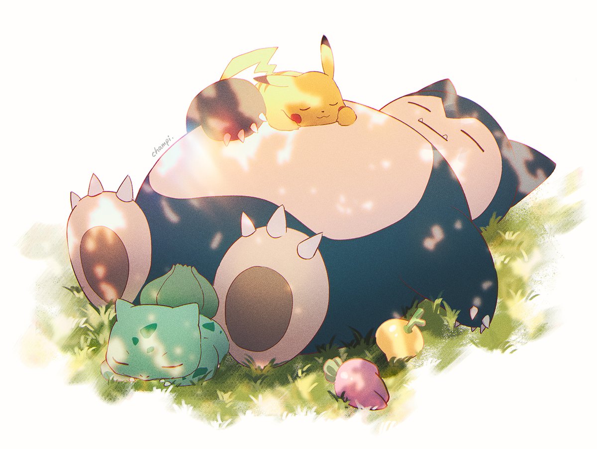 bulbasaur ,pikachu pokemon (creature) no humans closed eyes grass sleeping closed mouth berry (pokemon)  illustration images