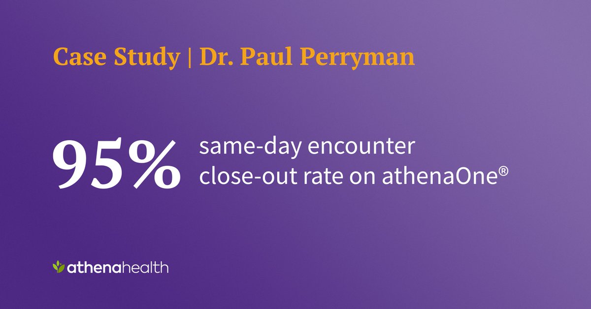 Since making the switch to #athenaOne, Paul Perryman, M.D. has been making the most of smart workflow features while achieving a ~95% same day encounter close-out rate (SDECR). 

Here’s how: bit.ly/3K6PUdo.