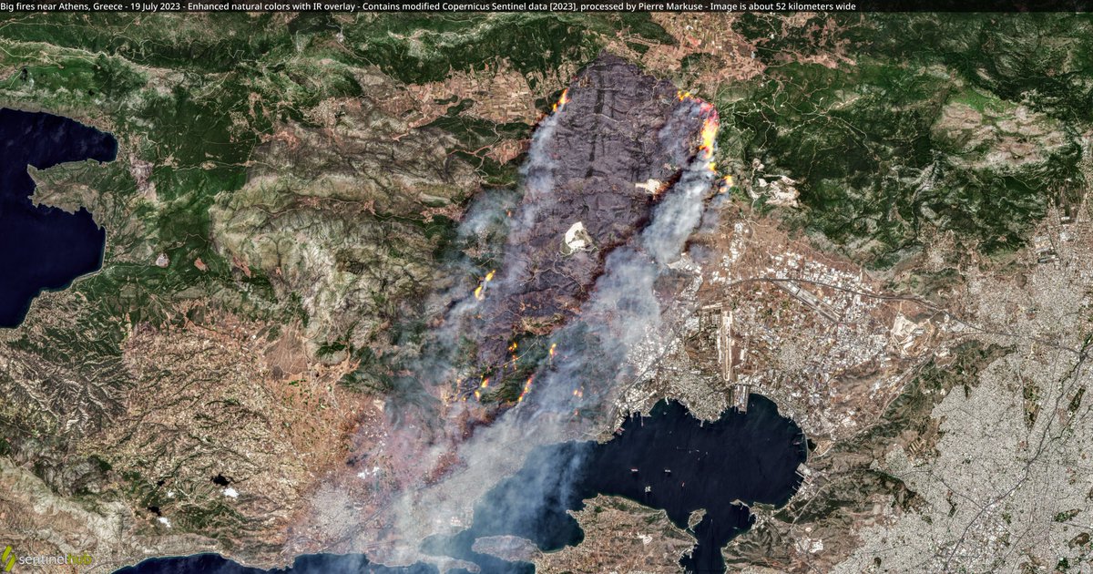 Pierre_Markuse's tweet photo. 🟠 Big fires🔥 near Athens, #Greece🇬🇷 - 19 July 2023 #Copernicus🇪🇺 #Sentinel-2🛰️ Full-size ▶️ https://t.co/0VPaRGP9xB + https://t.co/DkhMUgjsyt #RemoteSensing #OpenData #SciComm #fires #wildfire #Greecewildfires Images are about 52 kilometers wide https://t.co/4HYTcRiYgW