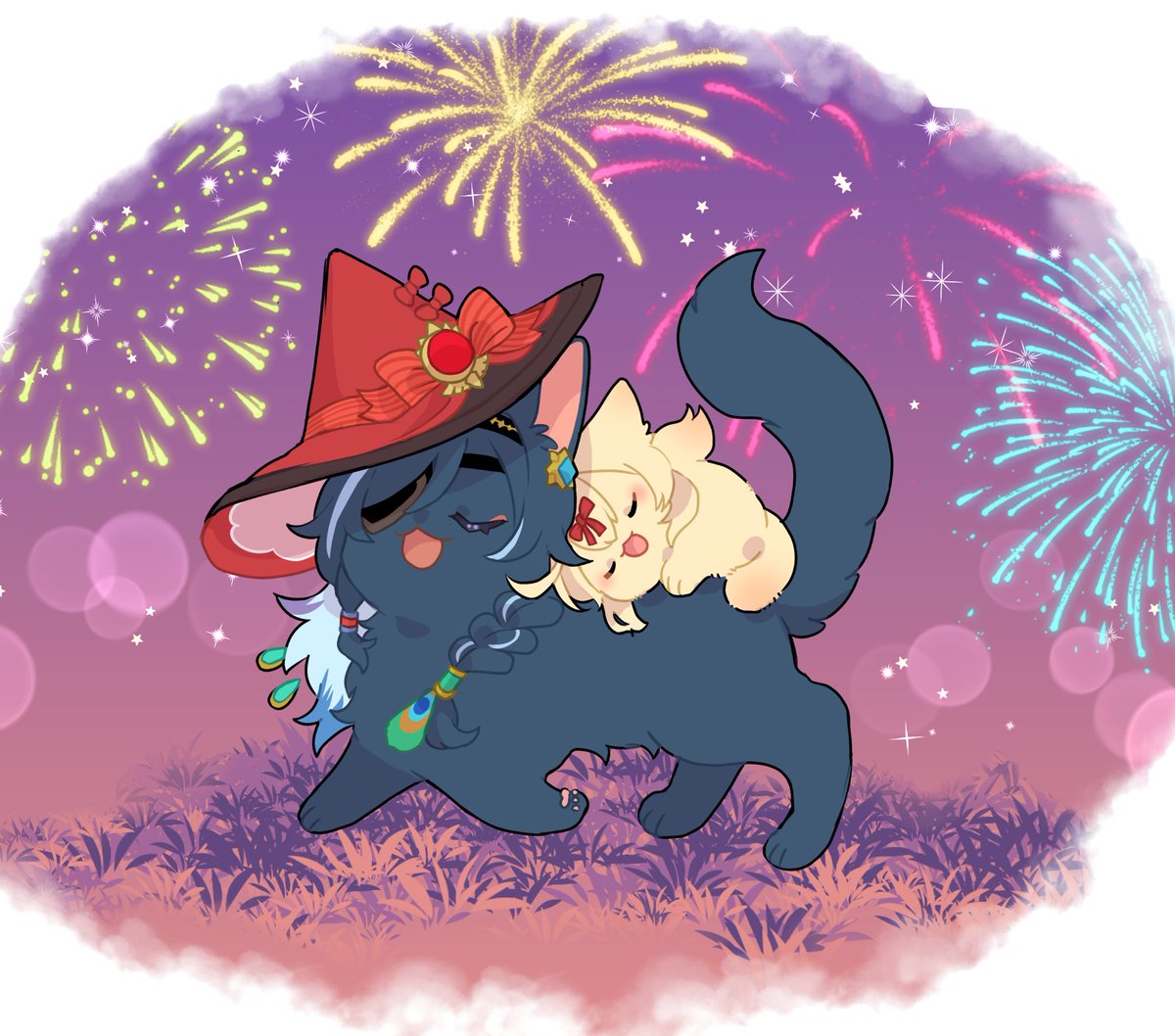 kaeya (genshin impact) eyepatch animalization fireworks hat witch hat cat no humans  illustration images
