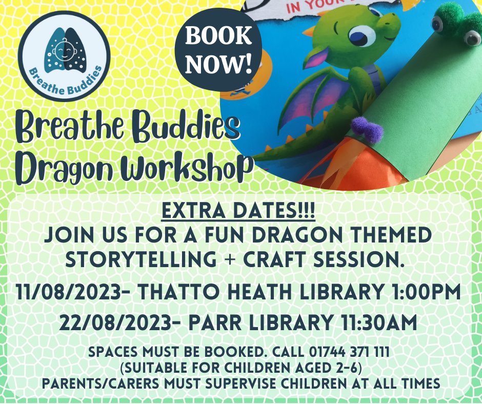 ✨EXTRA DATES!✨
Breathe Buddies are excited to put on TWO more dates for our Dragon Workshops!🐲
We will be running them from Parr Library and Thatto Heath Library, so a great way to get the kids choosing some books to take home too!📚
To book call 01744 371111.
@STHLibraries