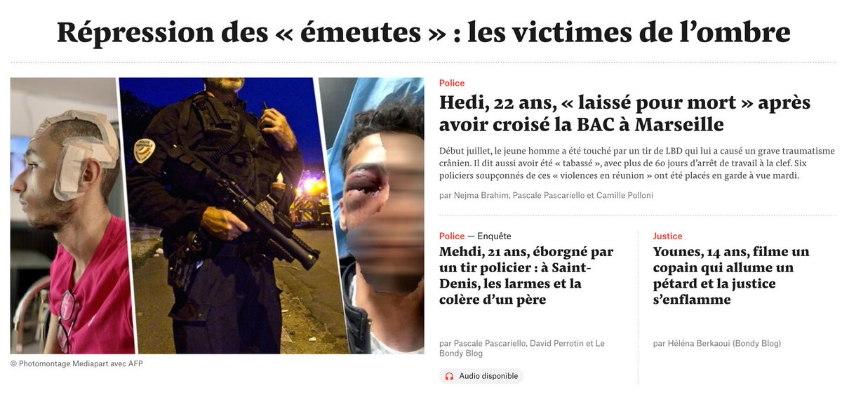 LenaBred's tweet photo. À la Une de Mediapart : Répression des révoltes urbaines – les victimes de l’ombre

Le récit du calvaire de Hedi, 22 ans, Mehdi, 21 ans, et Younes, 14 ans, à lire d'urgence. 
- https://t.co/kd9tBo7zbz
- https://t.co/Jf7VkupeJ7
- https://t.co/bdWW3JVpvy https://t.co/Cd7teync1t